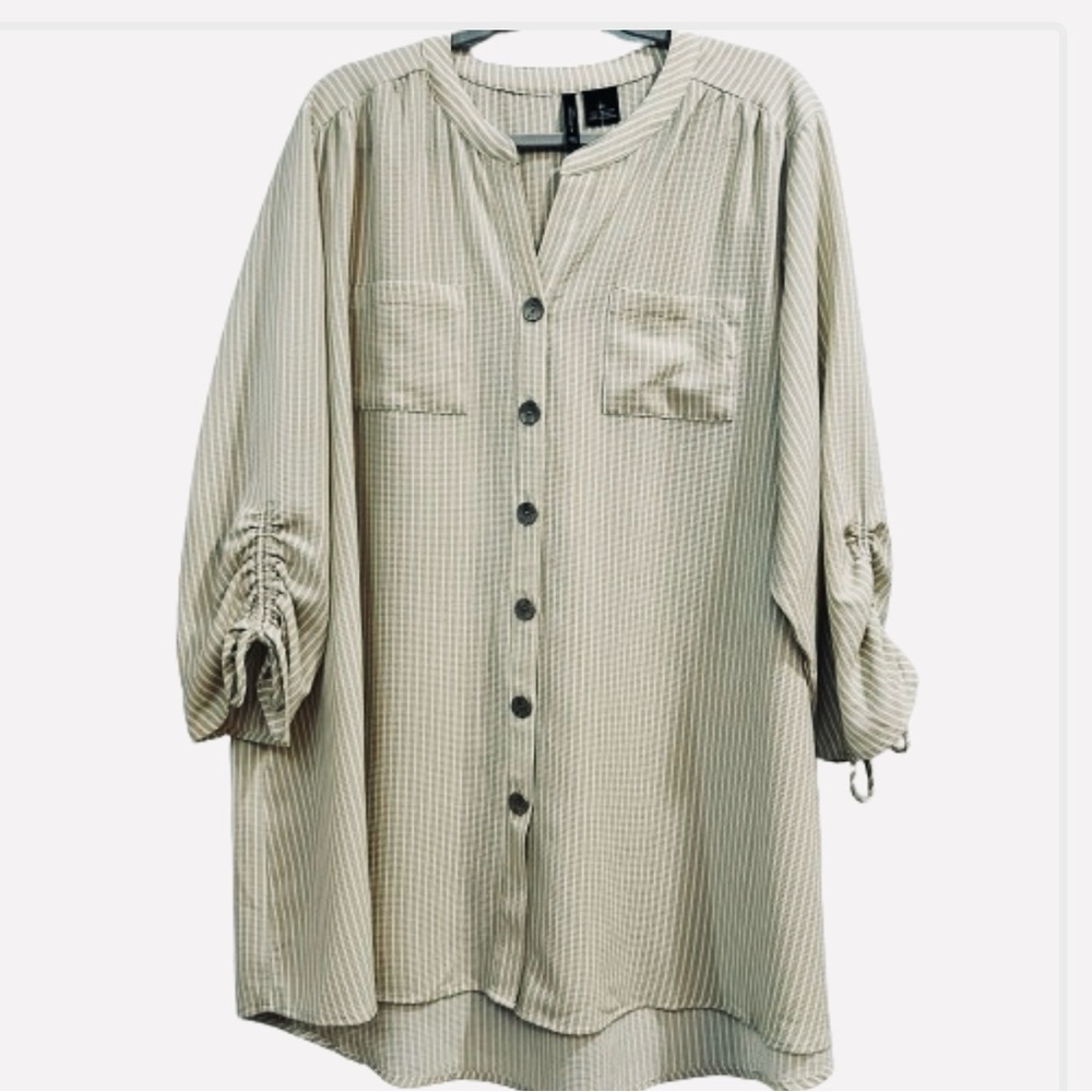 New Directions Curvy Plus Size Pin-Striped Button Up Tunic Mandarin Collar 3X